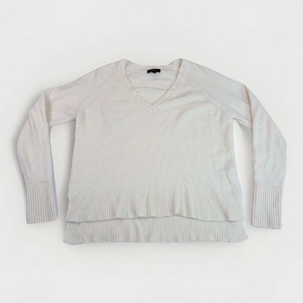 J Crew Womens V-Neck‎ Sweater Sz L Cream Alpaca Wool Blend Varsity Preppy Cozy